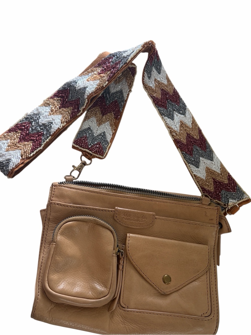 AMERICAN LEATHER CO. Authentic leather camel color Crossbody beaded Strap